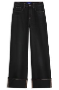 Wide-leg jeans in rigid denim with turn-ups, Black