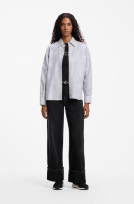 Wide-leg jeans in rigid denim with turn-ups, Black