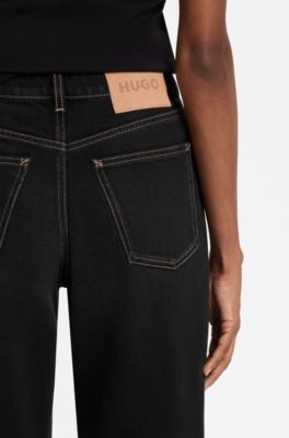 Wide-leg jeans in rigid denim with turn-ups, Black