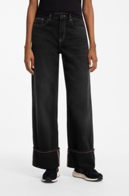 Wide-leg jeans in rigid denim with turn-ups, Black