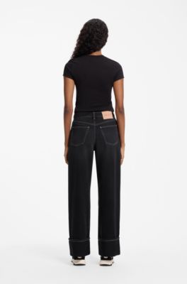 Wide-leg jeans in rigid denim with turn-ups, Black