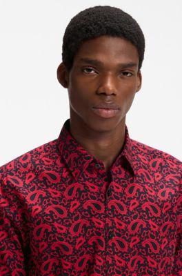 Slim-fit shirt in patterned cotton, Pink Patterned