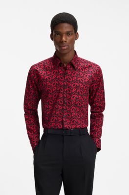 Slim-fit shirt in patterned cotton, Pink Patterned