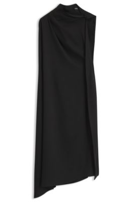 Asymmetric dress in crepe fabric with draped neckline, Black