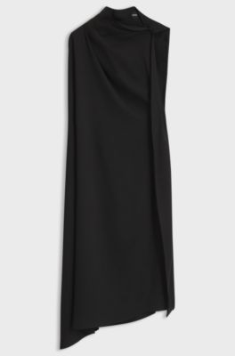 Asymmetric dress in crepe fabric with draped neckline, Black
