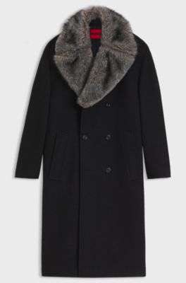 Cappotto doppiopetto in lana vergine con colletto in pelliccia sintetica, Nero