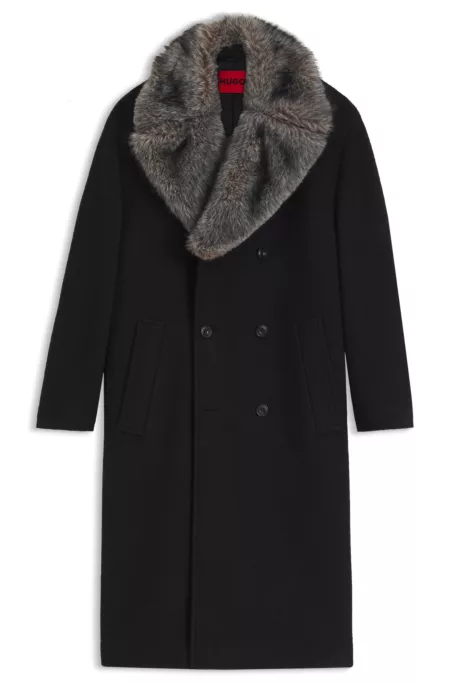 Double-breasted virgin wool coat with faux-fur collar