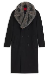 Double-breasted virgin wool coat with faux-fur collar, Nero