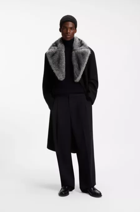 Double-breasted virgin wool coat with faux-fur collar