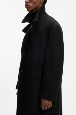 Cappotto doppiopetto in lana vergine con colletto in pelliccia sintetica, Nero