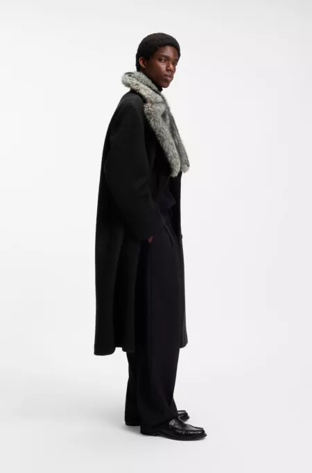 Manteau croisé en laine vierge avec col en fourrure synthétique