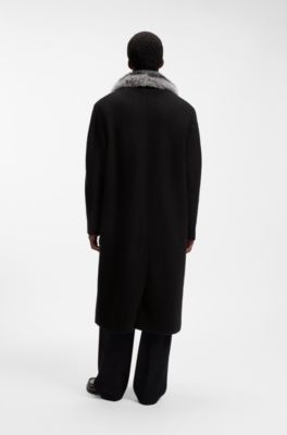 Cappotto doppiopetto in lana vergine con colletto in pelliccia sintetica, Nero