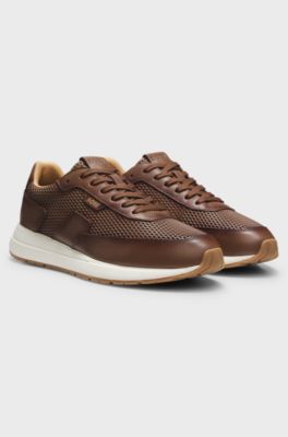 Lace-up leather trainers, Brown