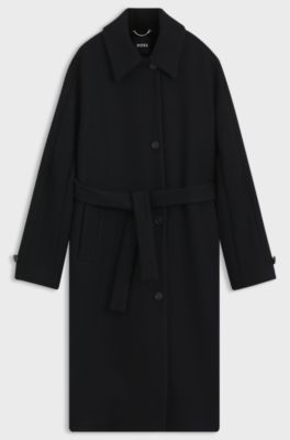 Belted wool-blend coat in a relaxed fit, Dark Blue