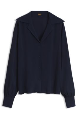 V-neck blouse in crepe de chine, Dark Blue