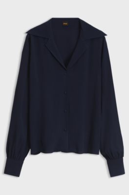 V-neck blouse in crepe de chine, Dark Blue