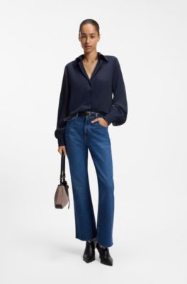 V-neck blouse in crepe de chine, Dark Blue