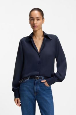 V-neck blouse in crepe de chine, Dark Blue