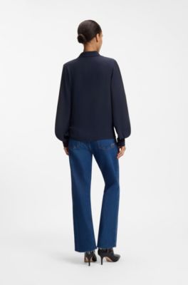 V-neck blouse in crepe de chine, Dark Blue
