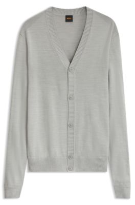 V-neck cardigan crafted in virgin wool blend, Light Grey