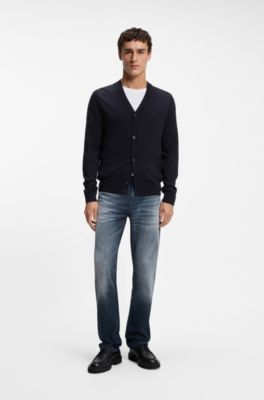 V-neck cardigan crafted in virgin wool blend, Dark Blue