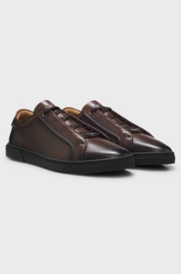 Low-cut trainers in premium brushed leather, Dark Brown