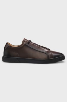 Low-cut trainers in premium brushed leather, Dark Brown