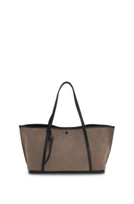 Spacious tote bag in suede with logo detail, Brown