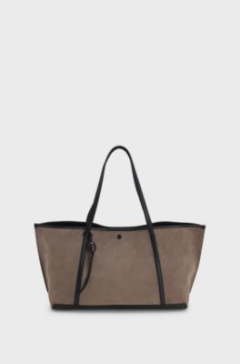 Spacious tote bag in suede with logo detail, Brown