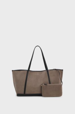 Spacious tote bag in suede with logo detail, Brown