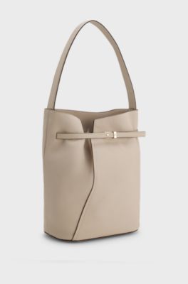BOSS Revers bucket bag in leather with belt detail, Light Beige