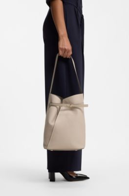 BOSS Revers bucket bag in leather with belt detail, Light Beige