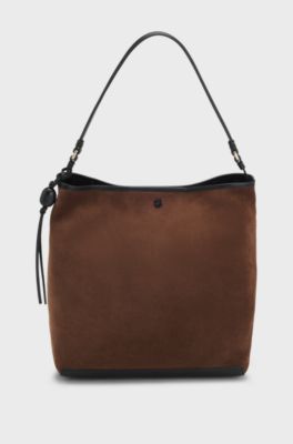 Shoulder bag in soft suede with logo detail, Brown