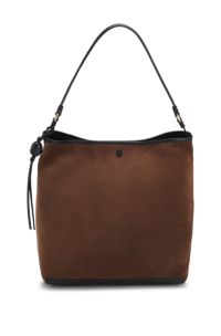 Shoulder bag in soft suede with logo detail, Brown