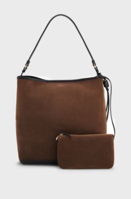 Shoulder bag in soft suede with logo detail, Brown
