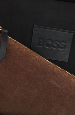 Shoulder bag in soft suede with logo detail, Brown