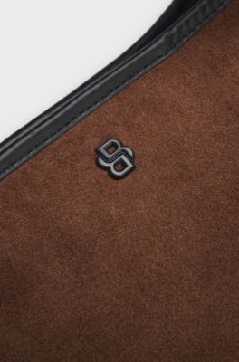 Shoulder bag in soft suede with logo detail, Brown