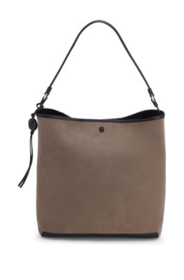 Shoulder bag in soft suede with logo detail, Brown