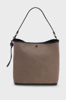 Shoulder bag in soft suede with logo detail, Brown