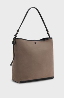 Shoulder bag in soft suede with logo detail, Brown