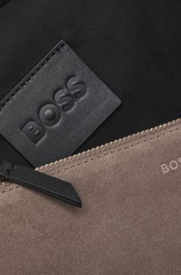 Shoulder bag in soft suede with logo detail, Brown
