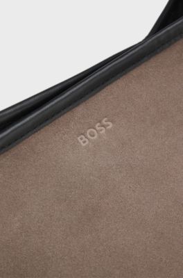 Shoulder bag in soft suede with logo detail, Brown
