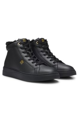Mid-cut leather cupsole trainers with shearling, Black