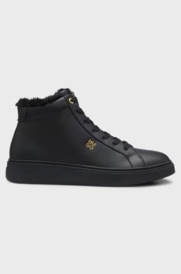 Mid-cut leather cupsole trainers with shearling, Black