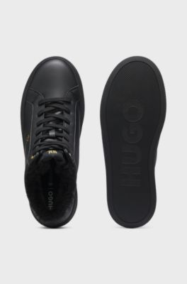Mid-cut leather cupsole trainers with shearling, Black
