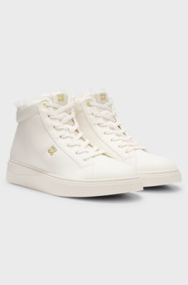 Mid-cut leather cupsole trainers with shearling, Natural