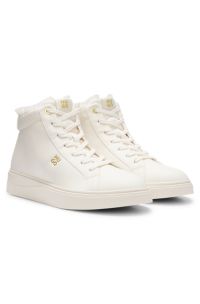 Mid-cut leather cupsole trainers with shearling, Natural