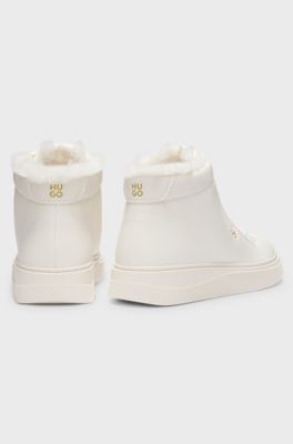 Mid-cut leather cupsole trainers with shearling, Natural