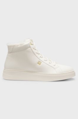 Mid-cut leather cupsole trainers with shearling, Natural