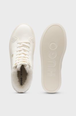 Mid-cut leather cupsole trainers with shearling, Natural
